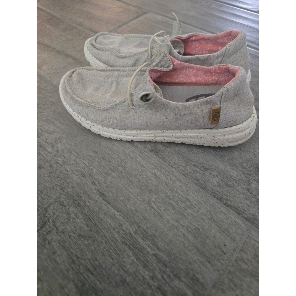 Hey Dude Womens Wendy Chambray White Nut Slip On Loafers Size 7 Casual Tan Beige - Picture 3 of 9